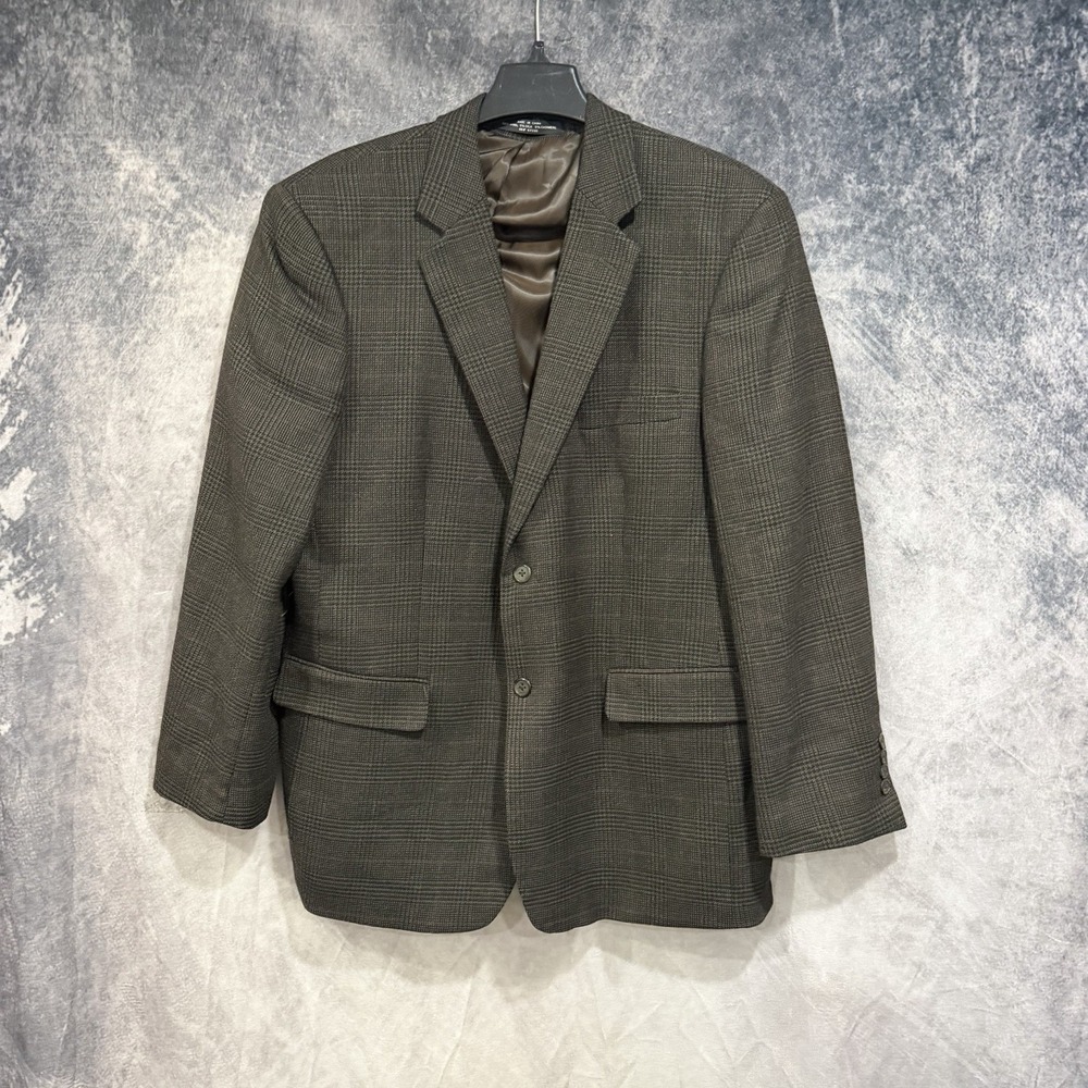 Jones New York Men’s Blazer 44R Wool Silk Cashmere Brown Plaid Sport Coat